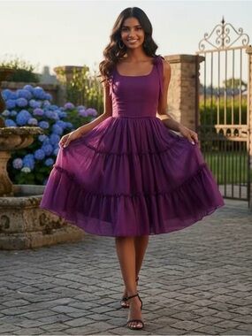 NWT Sleeveless Purple Tiered Midi Dress with Tie Straps